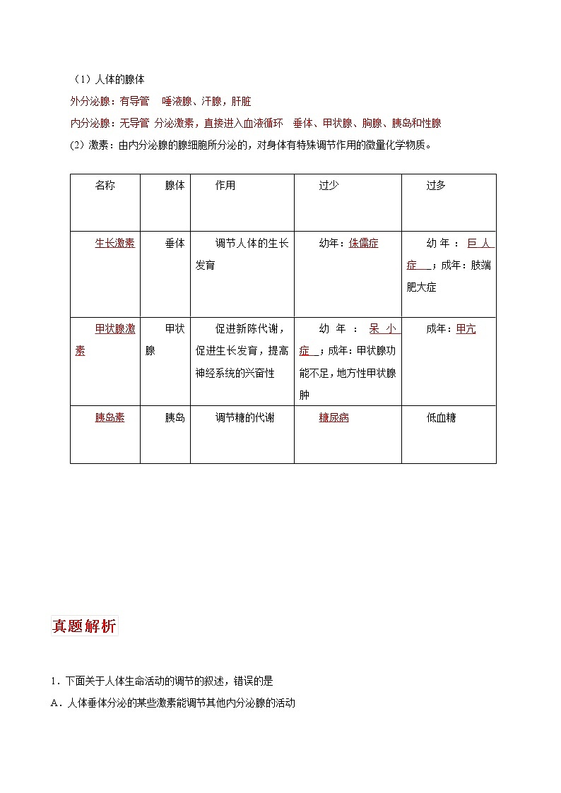 备战2023年新中考二轮生物专题导练 考点07 人体生命活动的调节（原卷版）第3页