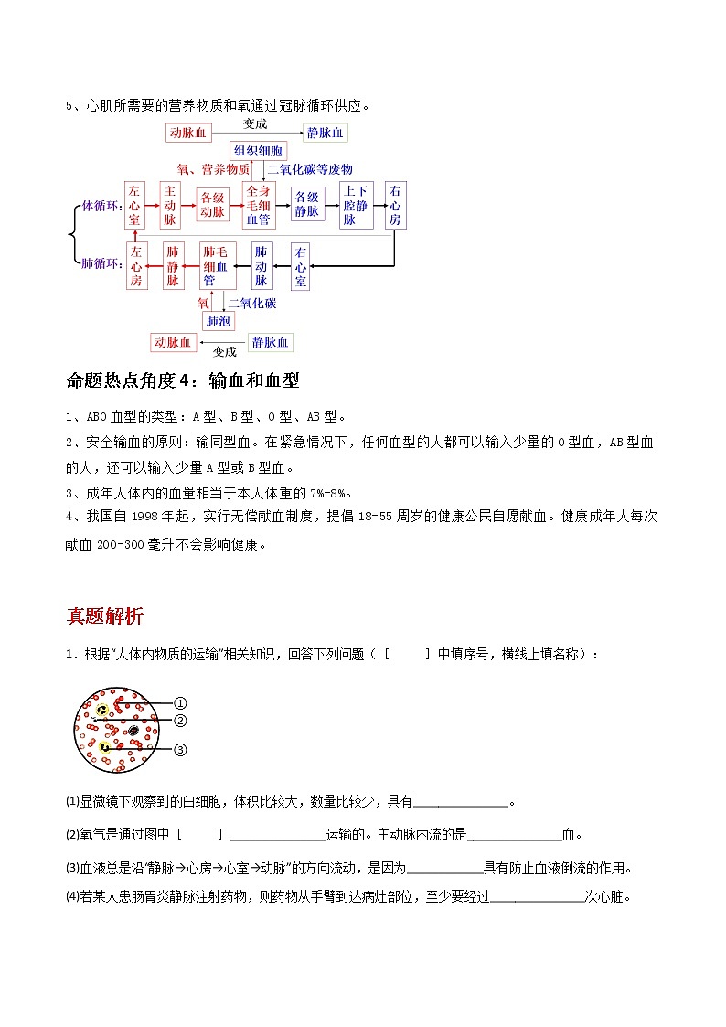 备战2023年新中考二轮生物专题导练 考点20 人体内物质的运输03