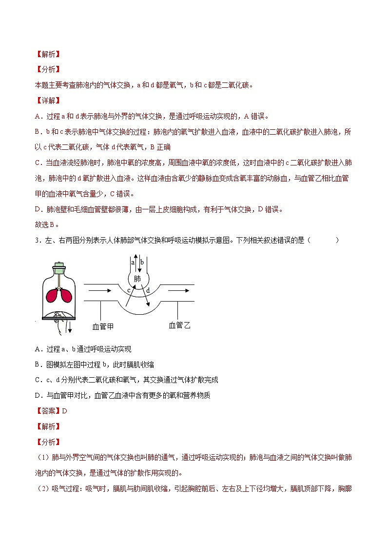 4.3.2 发生在肺内的气体交换（备作业）精编七年级生物上册同步备课系列（人教版）（解析版）第2页