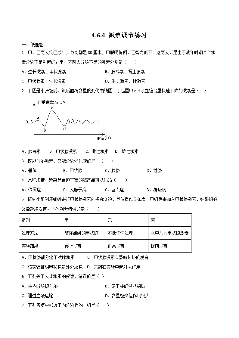 4.6.4 激素调节（备作业）精编七年级生物下册同步备课系列（人教版）（原卷版）第1页