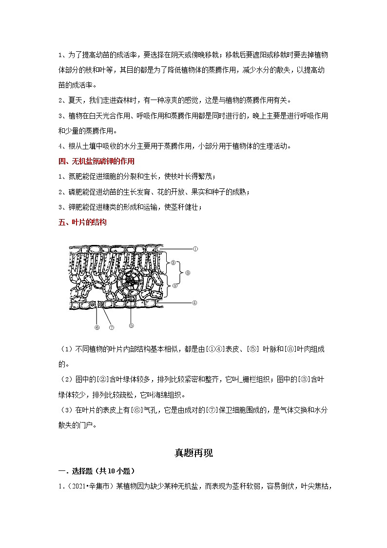 备战2023生物新中考二轮复习重难突破（河北专用）重难点04 植物体的水和无机盐的运输 试卷02