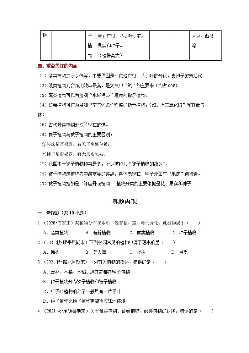 备战2023生物新中考二轮复习重难突破（河北专用）重难点05 植物的分类 试卷02
