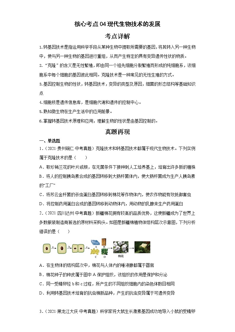 备战2023年生物新中考二轮复习热点透析（全国通用）核心考点04现代生物技术的发展（原卷版）第1页