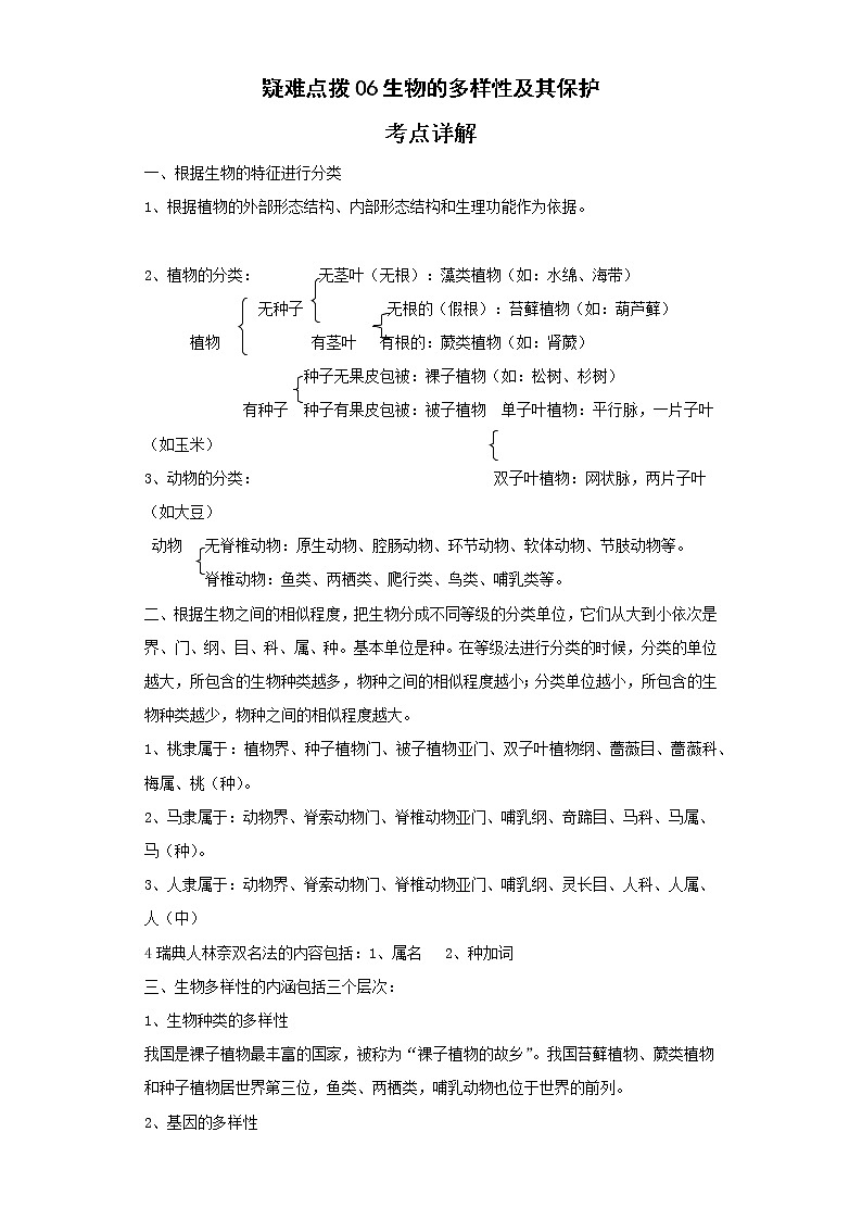 备战2023年生物新中考二轮复习热点透析（全国通用）疑难点拨06生物的多样性及其保护（原卷版）第1页