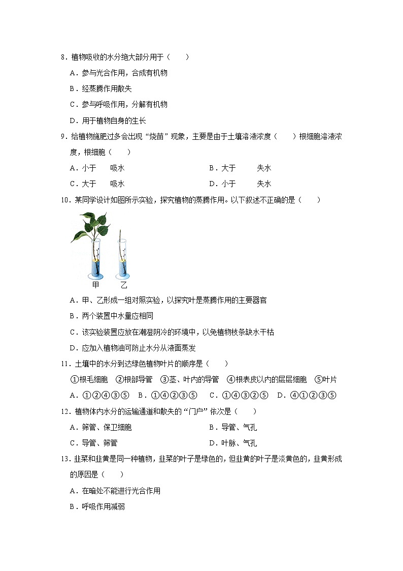 2023年春鲁科版（五四制）六下生物 第3章绿色植物与生物圈的水循环 单元测试202