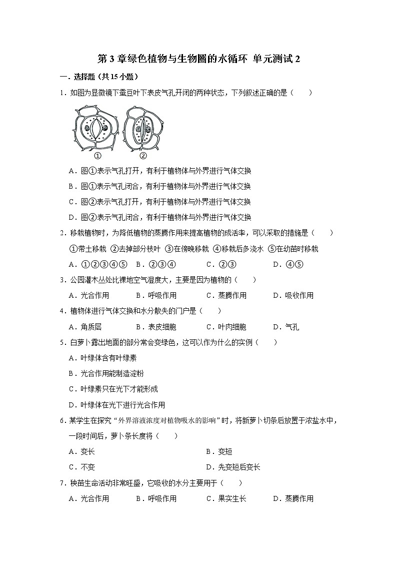 2023年春鲁科版（五四制）六下生物 第3章绿色植物与生物圈的水循环 单元测试201