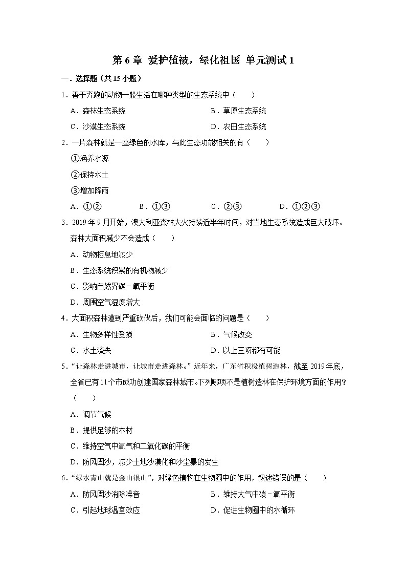 2022年春鲁科版（五四制）六下生物 第6章 爱护植被，绿化祖国 单元测试1（原卷版）第1页