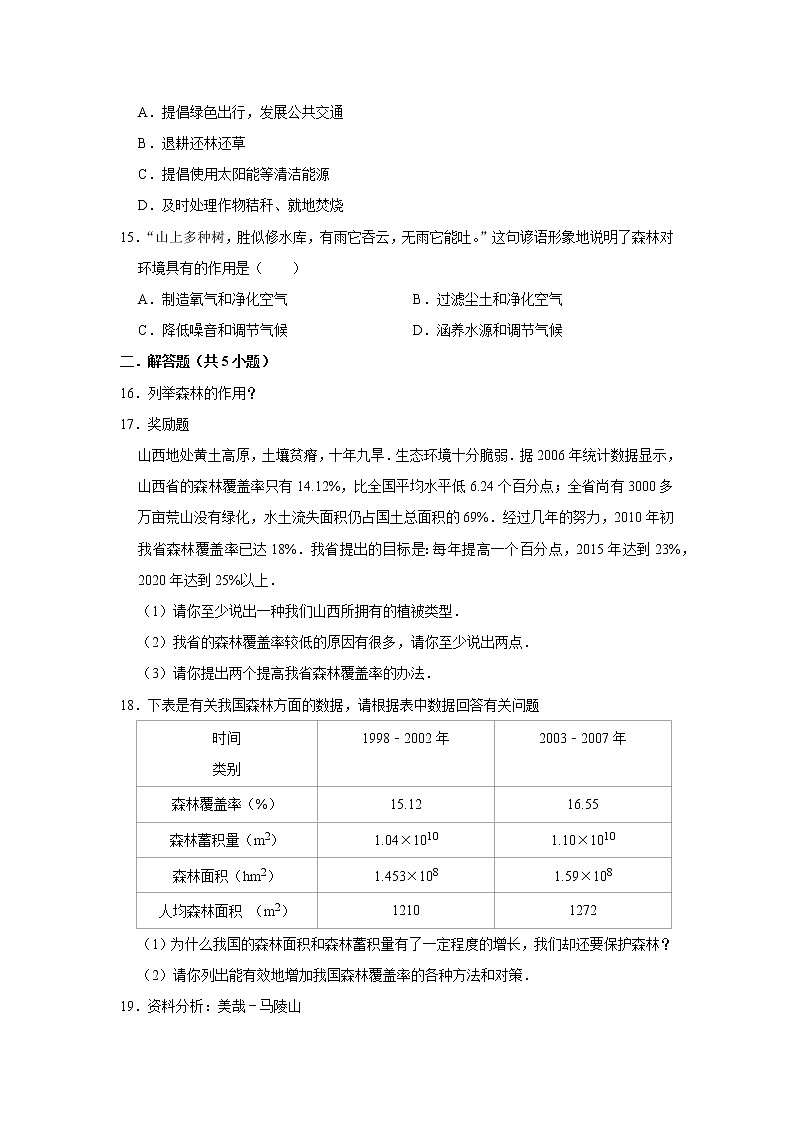 2022年春鲁科版（五四制）六下生物 第6章 爱护植被，绿化祖国 单元测试1（解析版）第3页