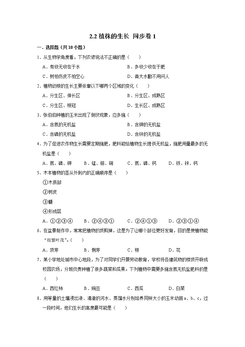 2023年春鲁科版（五四制）六年级下册生物 2.2植株的生长 同步卷101