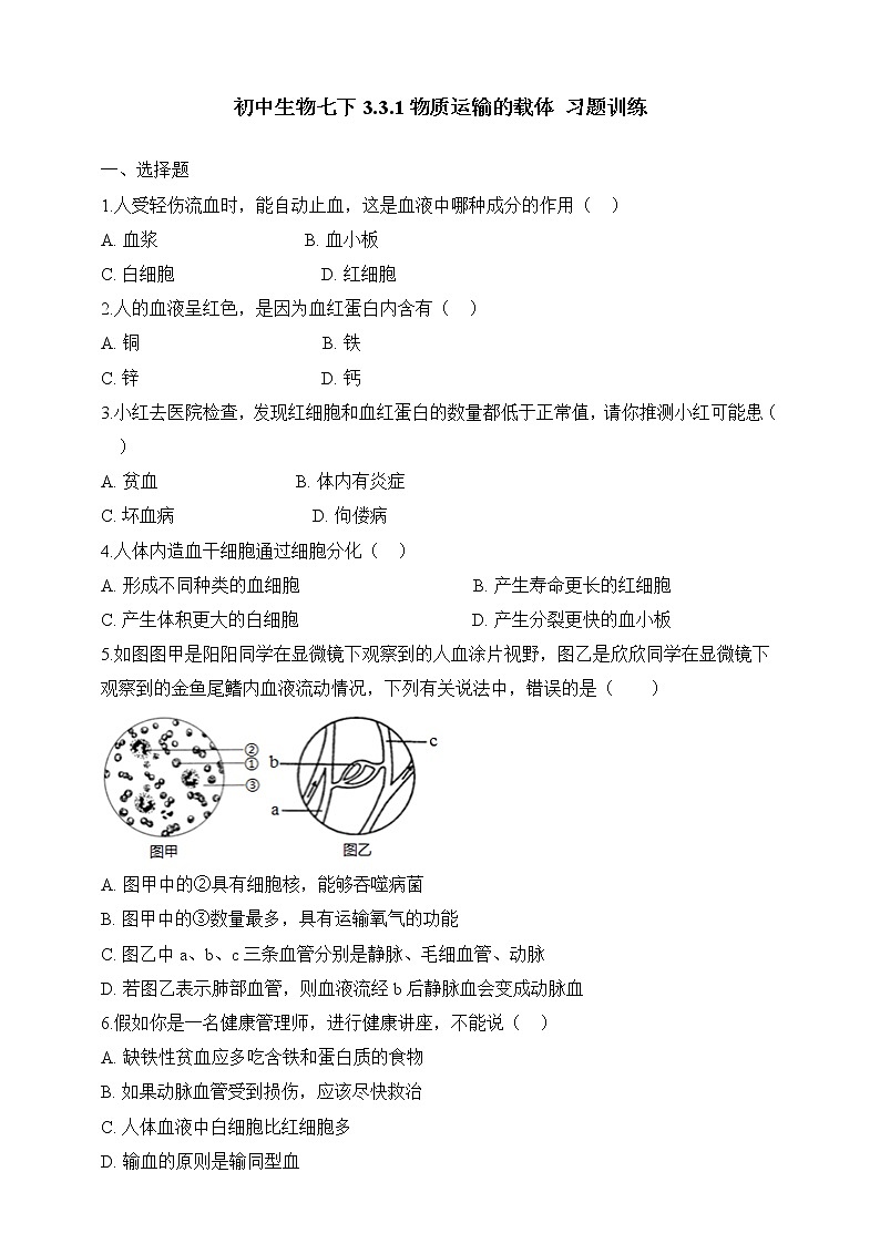 济南版生物七年级下册 3.3.2 物质运输的器官（习题）第1页