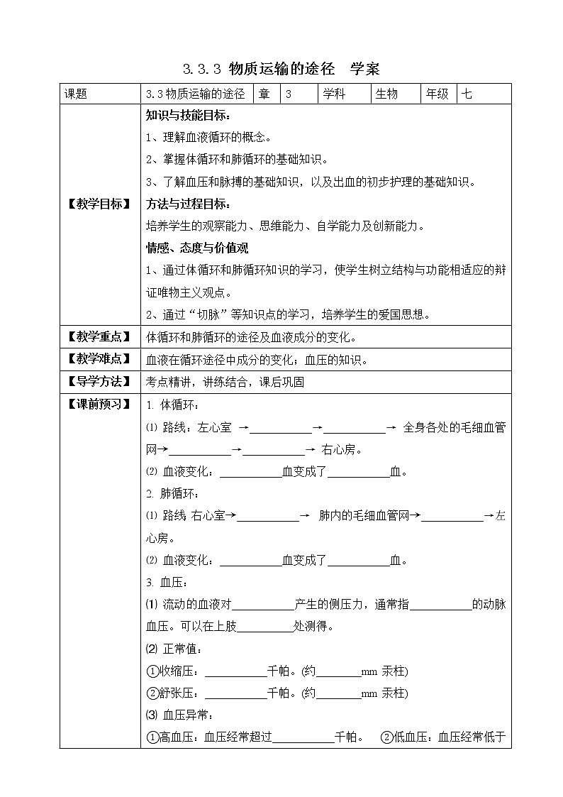 济南版生物七年级下册   3.3.3 物质运输的途径  课件+学案（含答案）+练习（含解析）01