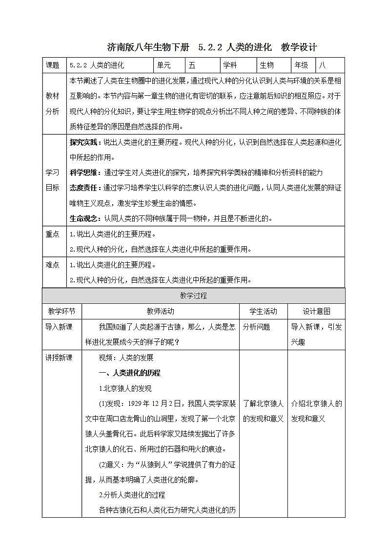 【新课标】济南版生物八下5.2.2 人类的进化  课件+教案+学案+素材01