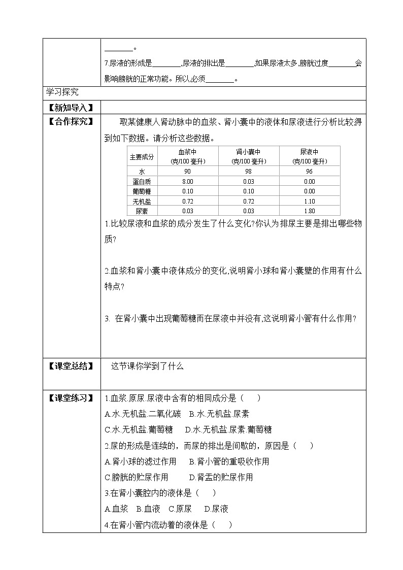 济南版生物七年级下册 3.4.1 尿的形成与排出（学案）第2页