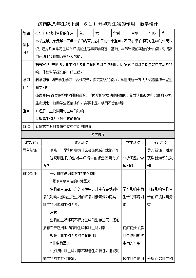 【新课标】济南版生物八下6.1.1 环境对生物的作用  教案第1页