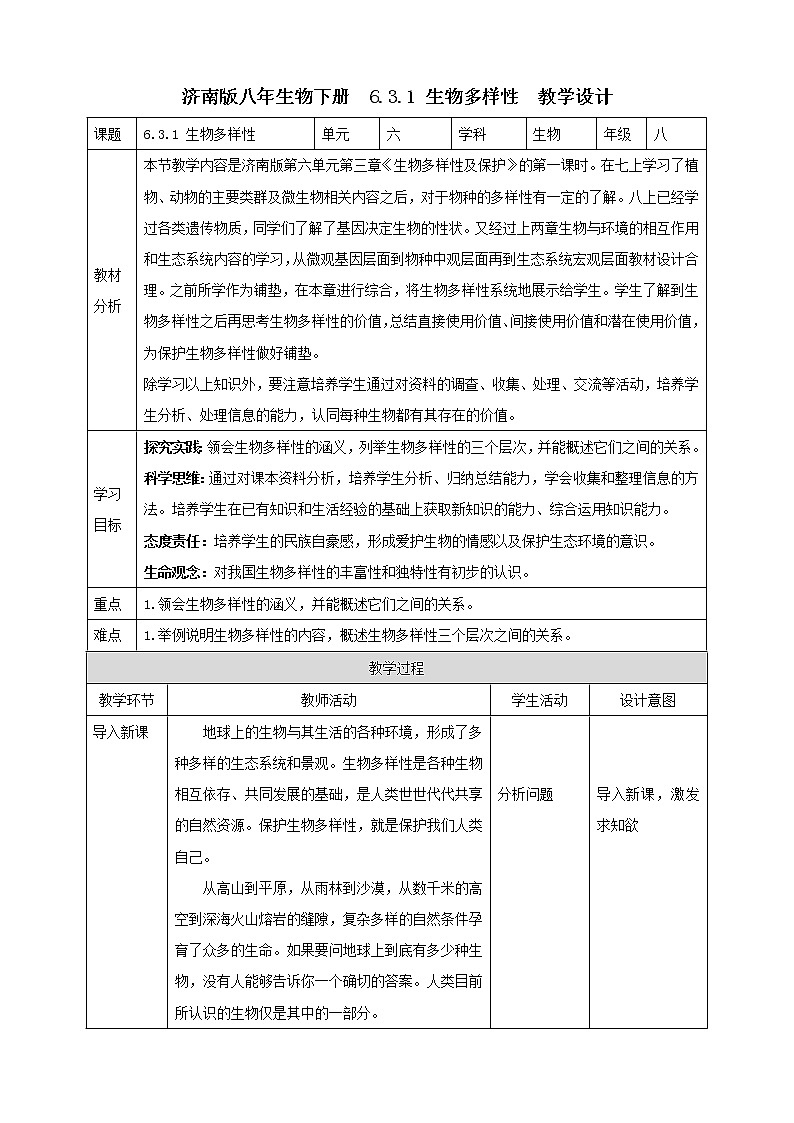 【新课标】济南版生物八下6.3.1 生物多样性  课件+教案+学案+素材01