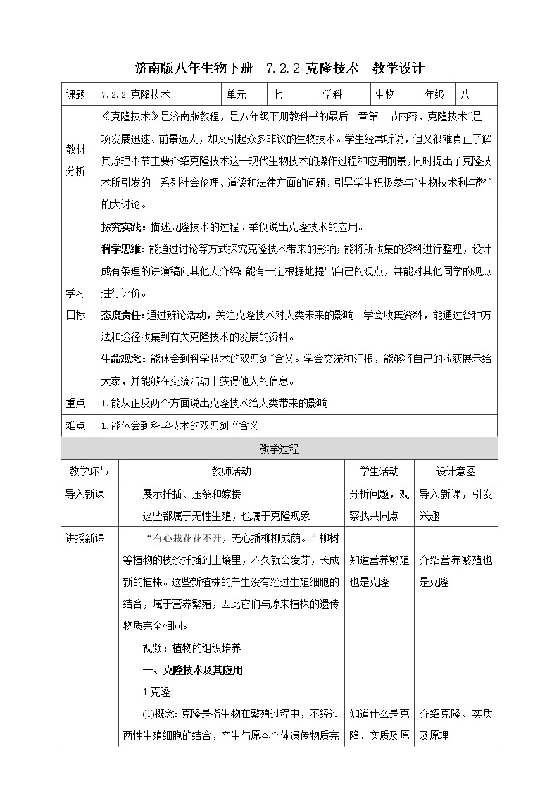 济南版生物八下7.2.2 克隆技术  课件+教案+学案+素材01