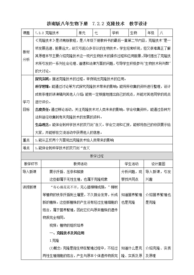 济南版生物八下7.2.2 克隆技术  课件+教案+学案+素材01