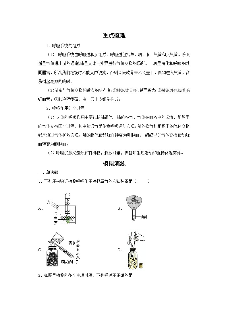备战2023生物新中考二轮复习考点精讲精练（北京专用）专题06生物的呼吸01