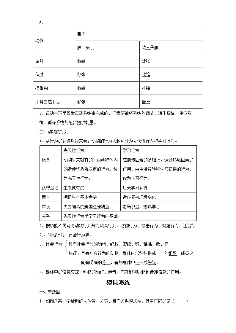 备战2023生物新中考二轮复习考点精讲精练（北京专用）专题09动物的运动和行为02