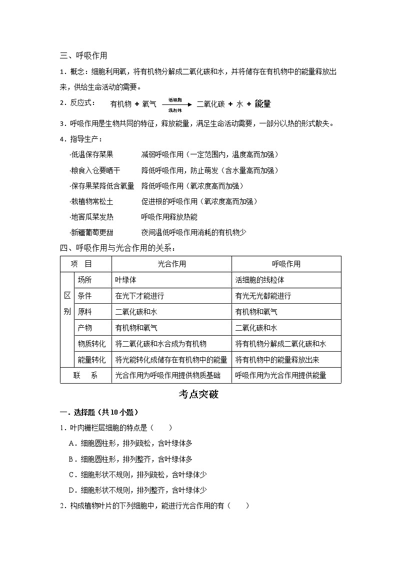 备战2023生物新中考二轮复习考点精讲精练（江苏专用）专题08植物的光合作用与呼吸作用02