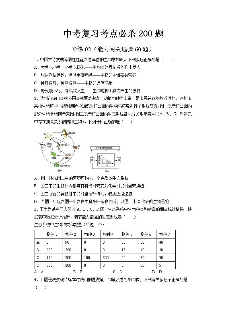 专练02（能力闯关选择60题）-备战 2023 中考生物考前必杀200题（江苏专用）（原卷版）第1页