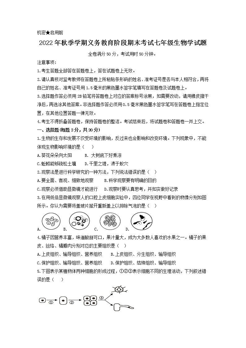 湖北省恩施市2022-2023学年七年级上学期生物期末考试试卷(含答案)第1页