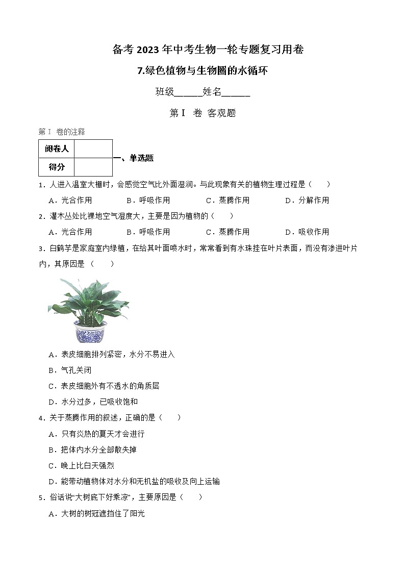 初中生物中考复习 【人教版】2023届中考一轮复习专用训练卷—专题7 绿色植物与生物圈的水循环 （含解析）01