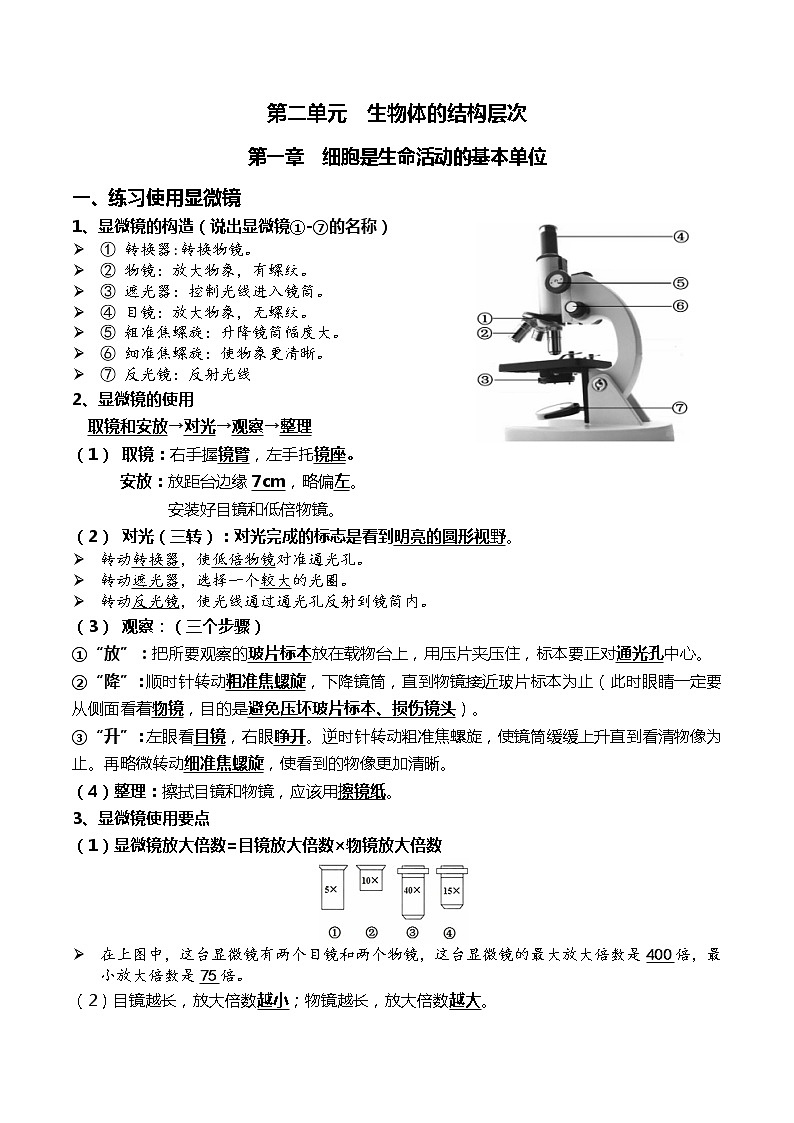 初中生物中考复习 02+细胞是生命活动的基本单位-2022年中考生物一轮复习核心考点必背知识清单第1页
