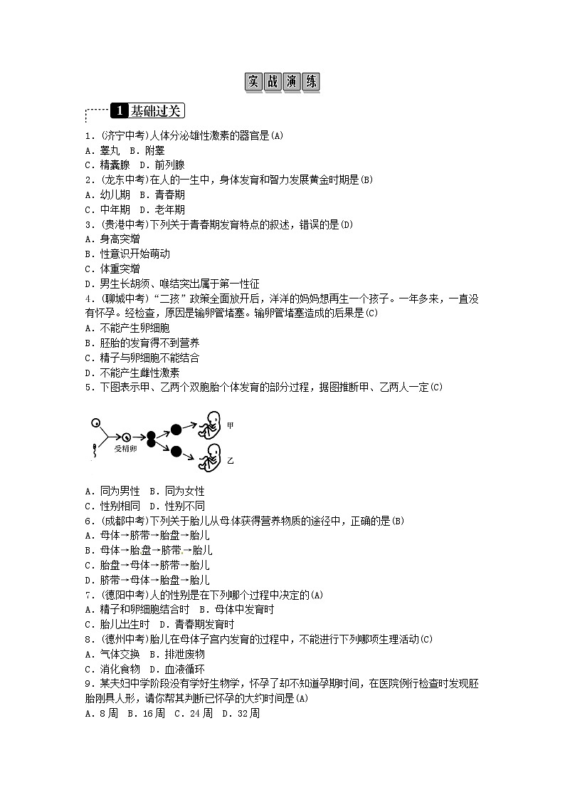 初中生物中考复习 2019年中考生物总复习主题六生物的生殖和发育遗传与变异课时14人的生殖和发育第2页