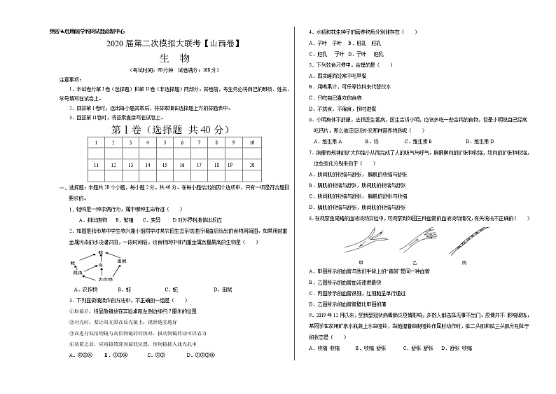 初中生物中考复习 2020年第二次模拟大联考（山西）生物（考试版）01