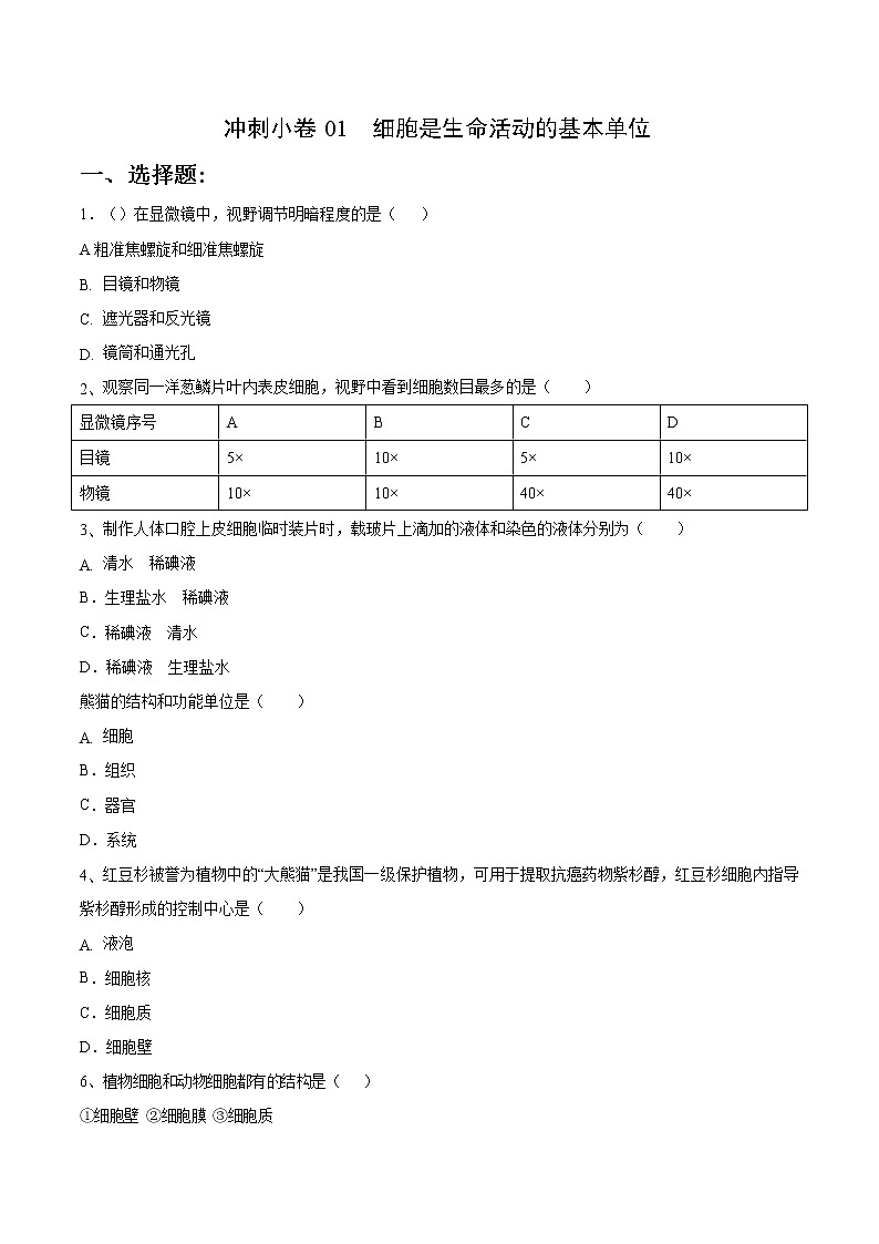 初中生物中考复习 冲刺小卷01细胞是生命活动的基本单位-2020年《三步冲刺中考·生物》之最新模考分类冲刺小卷(通用版)（原卷版）第1页