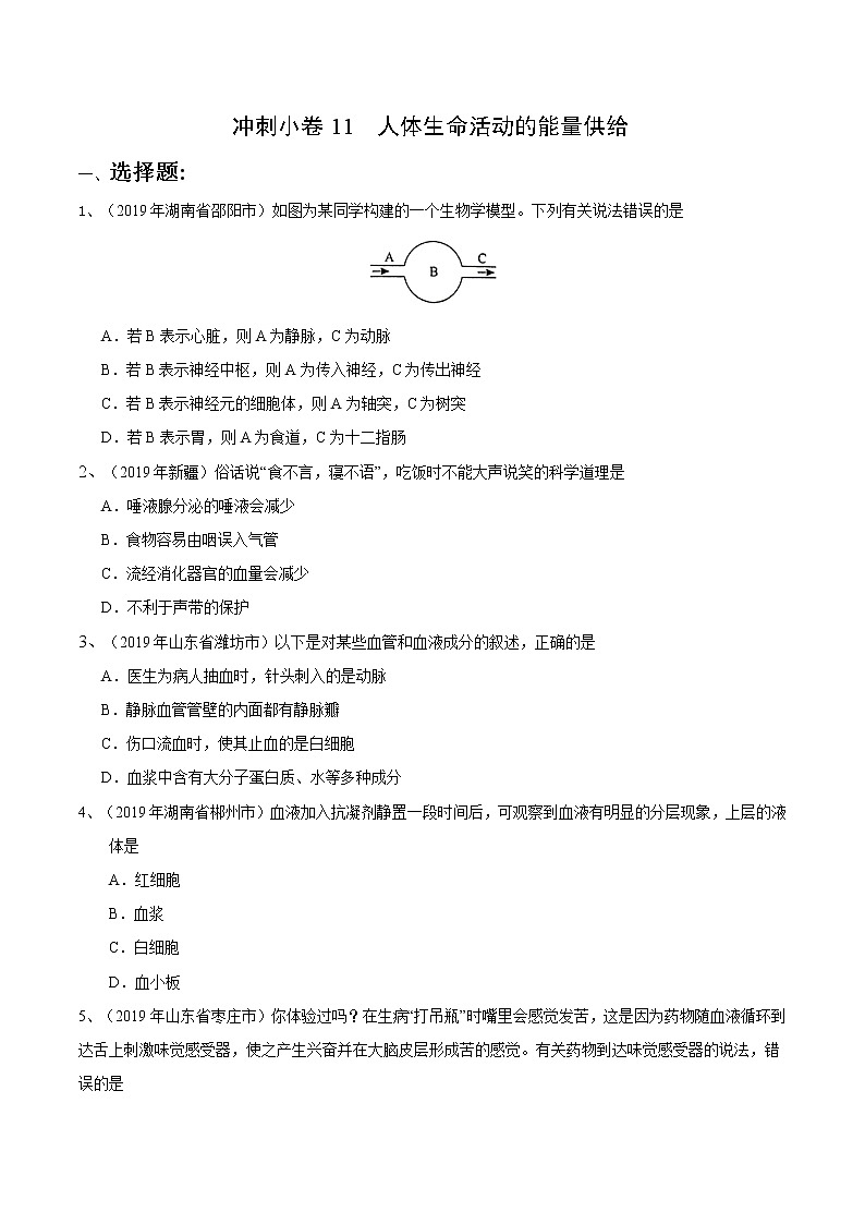 初中生物中考复习 冲刺小卷11 人体生命活动的能量供给-2020年《三步冲刺中考·生物》之最新模考分类冲刺小卷(人教通用版)(原卷版)01