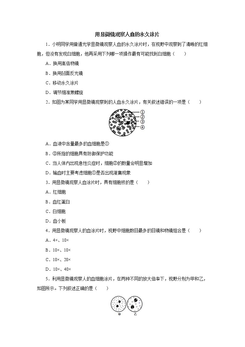 初中生物中考复习 初中生物实验突破（通用版）：用显微镜观察人血的永久涂片课后作业第1页