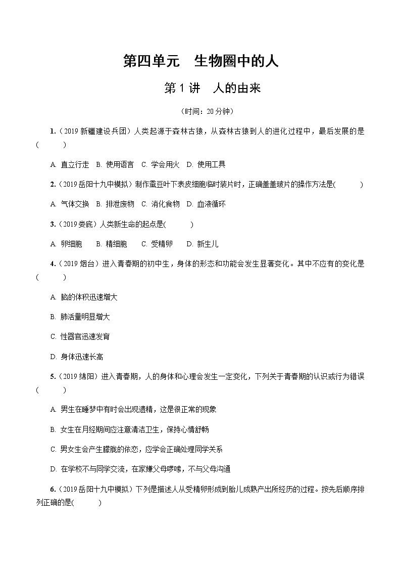 初中生物中考复习 第1讲 人的由来第1页