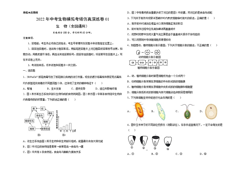 初中生物中考复习 仿真演练卷01-2022年中考生物模拟考场仿真演练卷（全国通用）（考试版）01