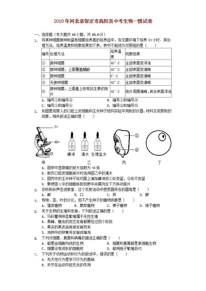 初中生物中考复习 河北省保定市高阳县2019年中考生物一模试卷（含解析）01