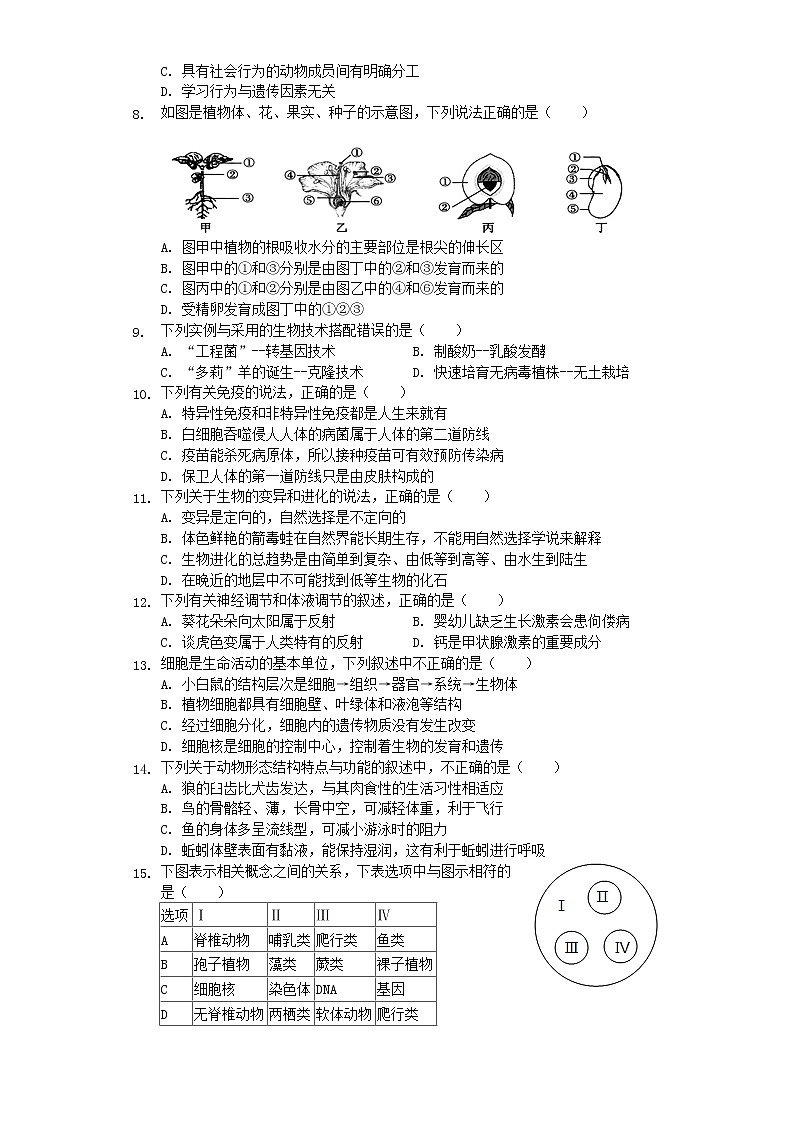 初中生物中考复习 河北省保定市高阳县2019年中考生物一模试卷（含解析）02