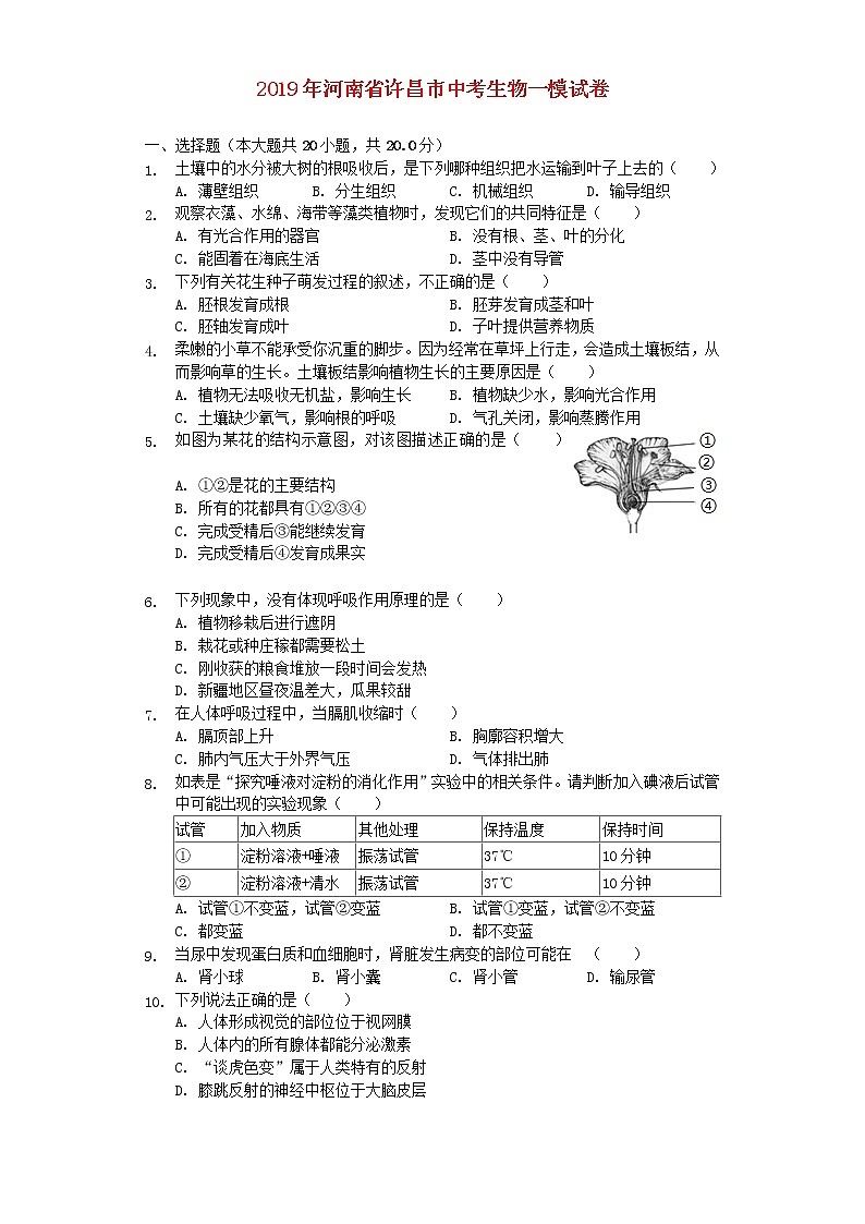 初中生物中考复习 河南省许昌市2019年中考生物一模试卷（含解析）01
