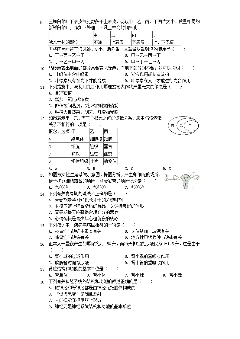 初中生物中考复习 湖南省永州市2019年中考生物一模试卷（含解析）02