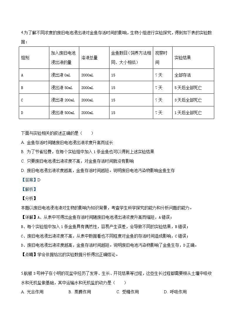 初中生物中考复习 精品解析：2019年北京市怀柔区九年级一模生物试题（解析版）03