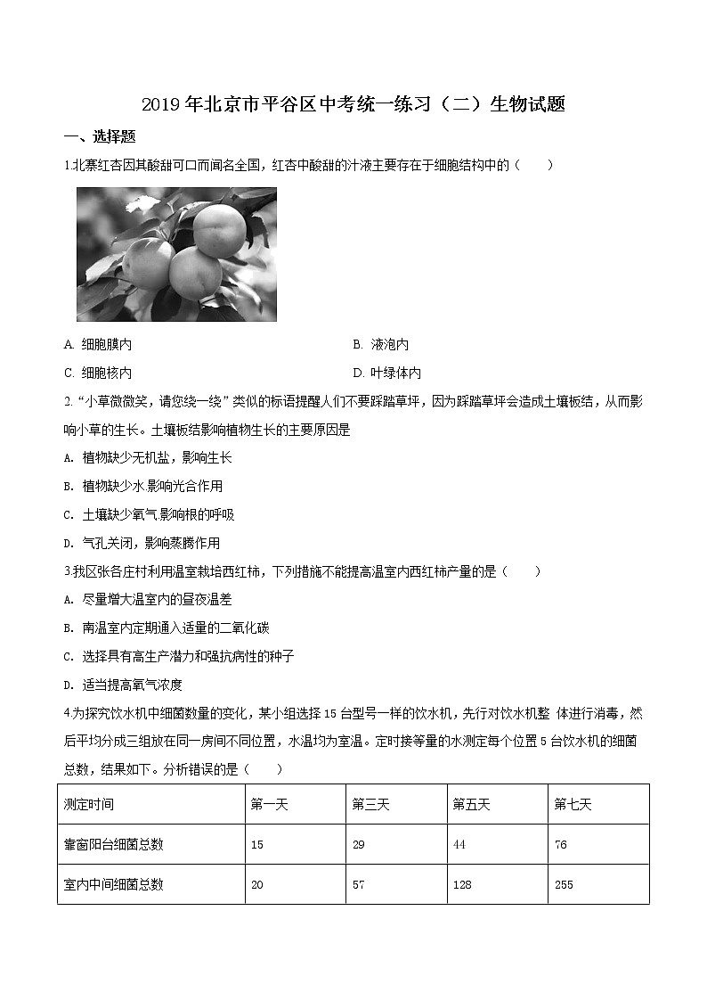 初中生物中考复习 精品解析：2019年北京市平谷区九年级二模生物试题（原卷版）01