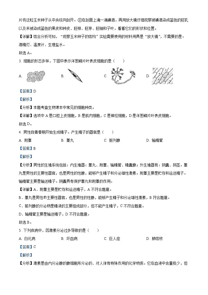 初中生物中考复习 精品解析：2022年福建省中考生物真题（解析版）02