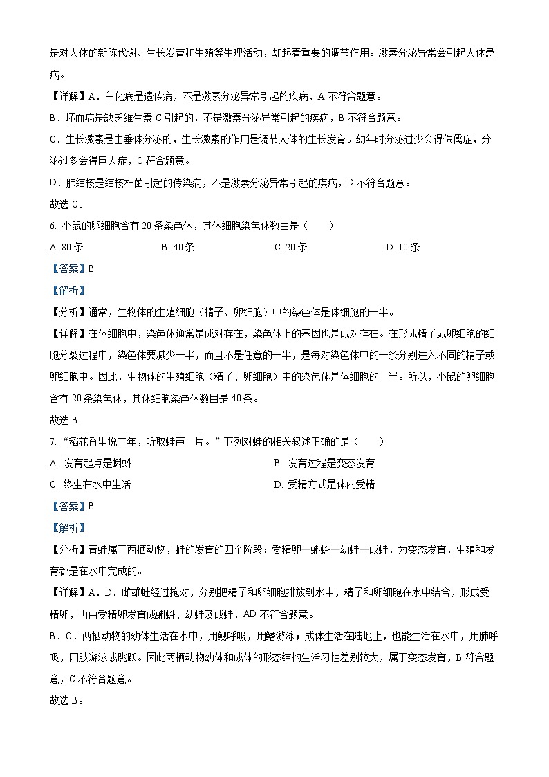 初中生物中考复习 精品解析：2022年福建省中考生物真题（解析版）03