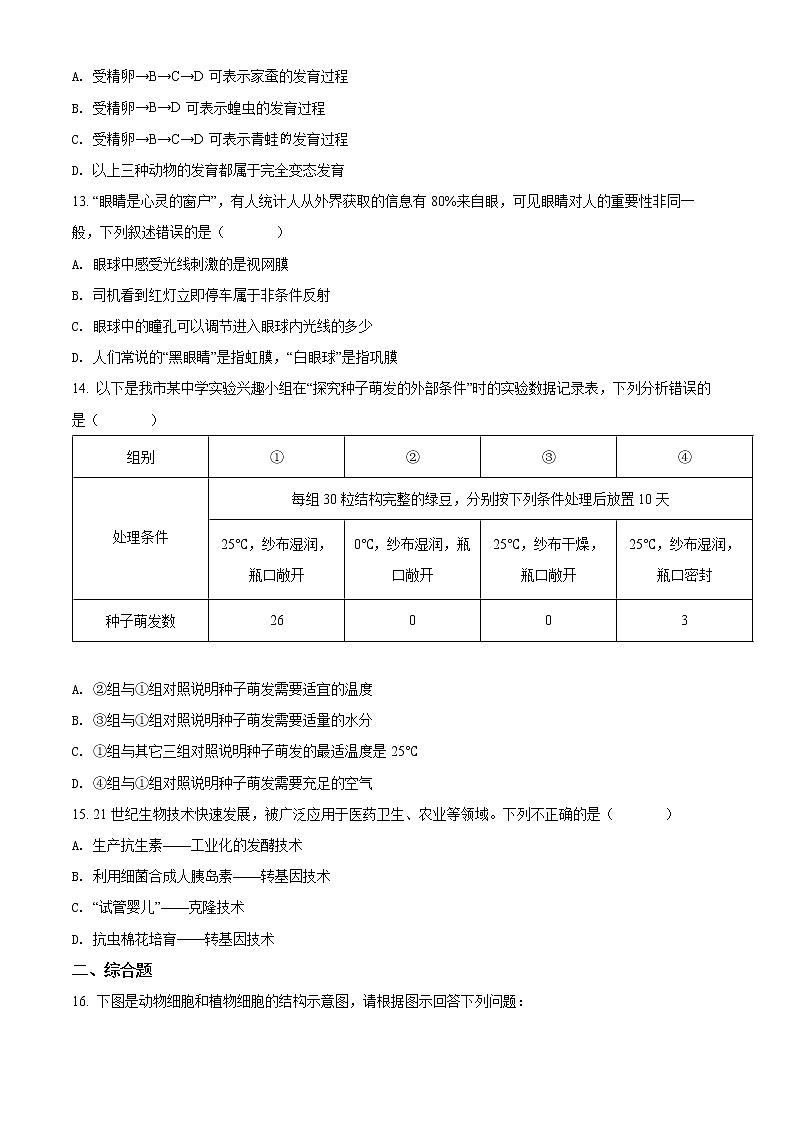 初中生物中考复习 精品解析：2022年贵州省铜仁市中考生物真题（原卷版）03