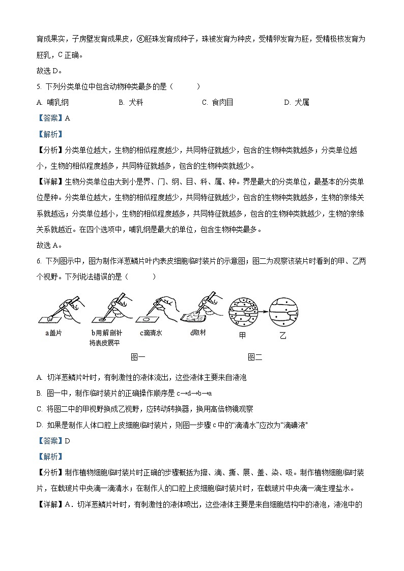 初中生物中考复习 精品解析：2022年湖南省邵阳市中考生物真题（解析版）03