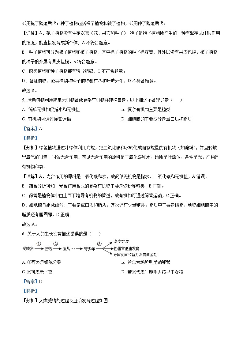 初中生物中考复习 精品解析：2022年湖南省岳阳市中考生物真题（解析版）03