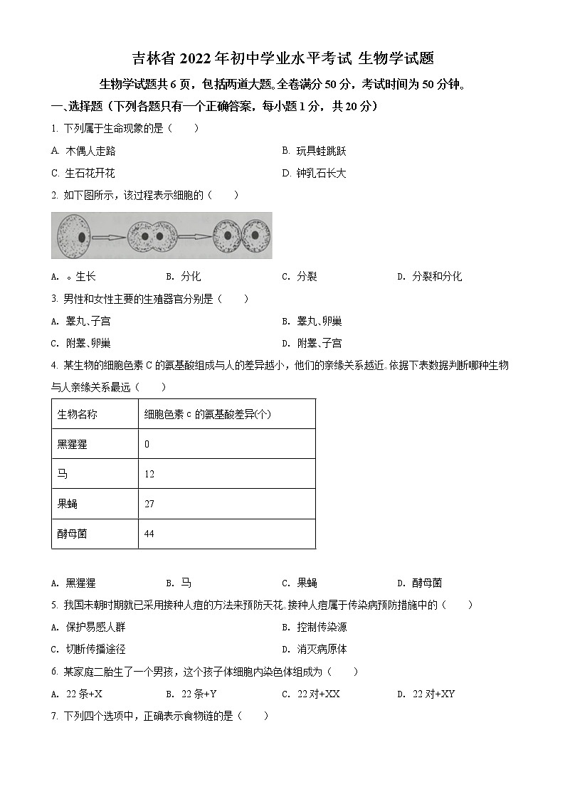初中生物中考复习 精品解析：2022年吉林省大安市中考生物真题（原卷版）第1页
