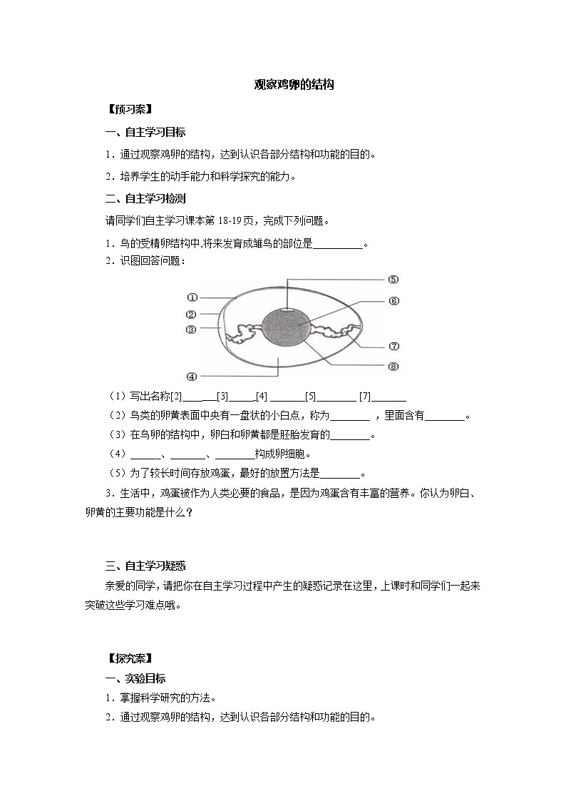 初中生物中考复习 初中生物实验突破（通用版）：观察鸡卵的结构导学案01