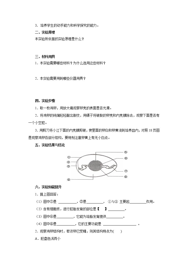 初中生物中考复习 初中生物实验突破（通用版）：观察鸡卵的结构导学案02