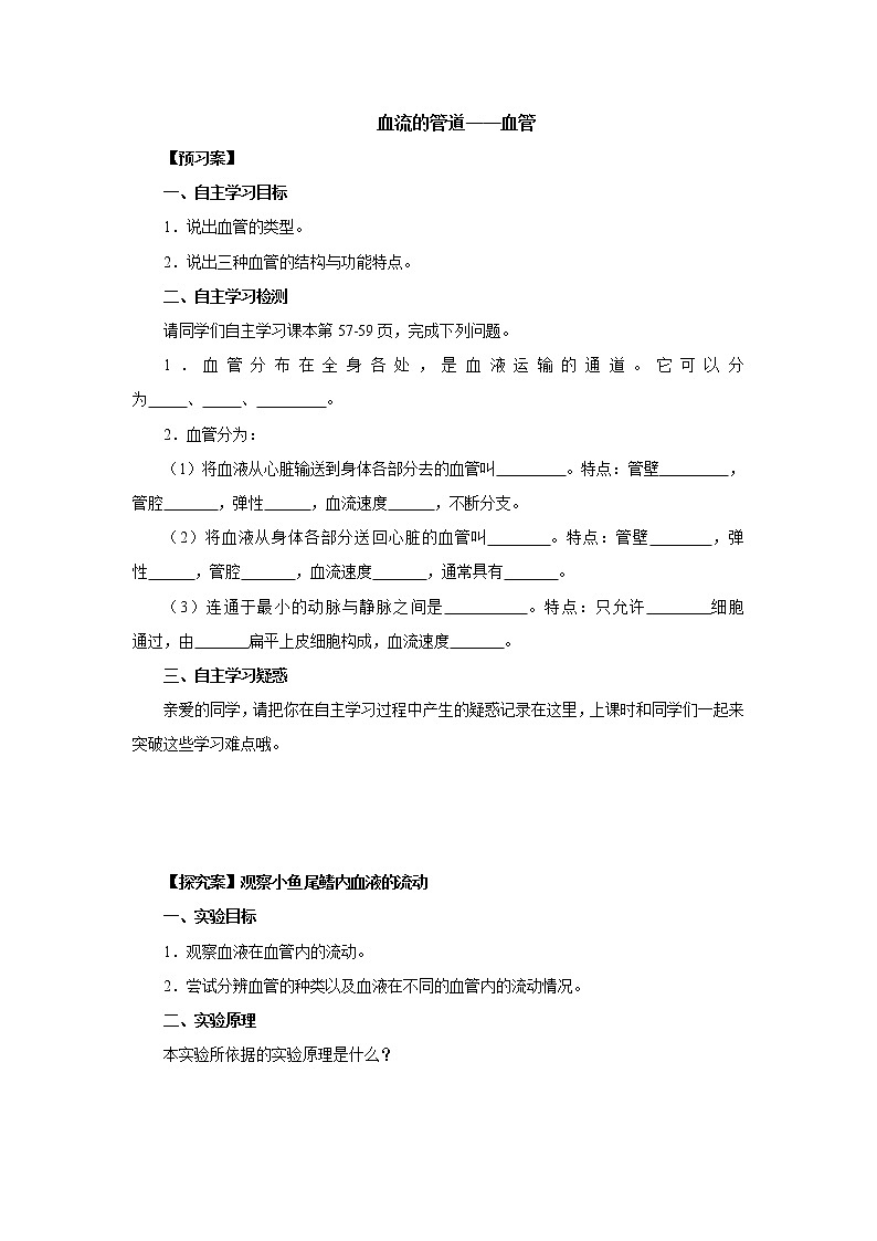 初中生物中考复习 初中生物实验突破（通用版）：观察小鱼尾鳍内血液的流动导学案01